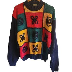 VTG 90s Sweater Womens Medium Oversized Holiday Christmas Knit Chunky Blue Red